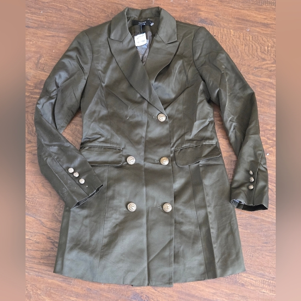 NWT Forever 21 Sz Small Satiny Olive Double-Breasted Blazer Polester